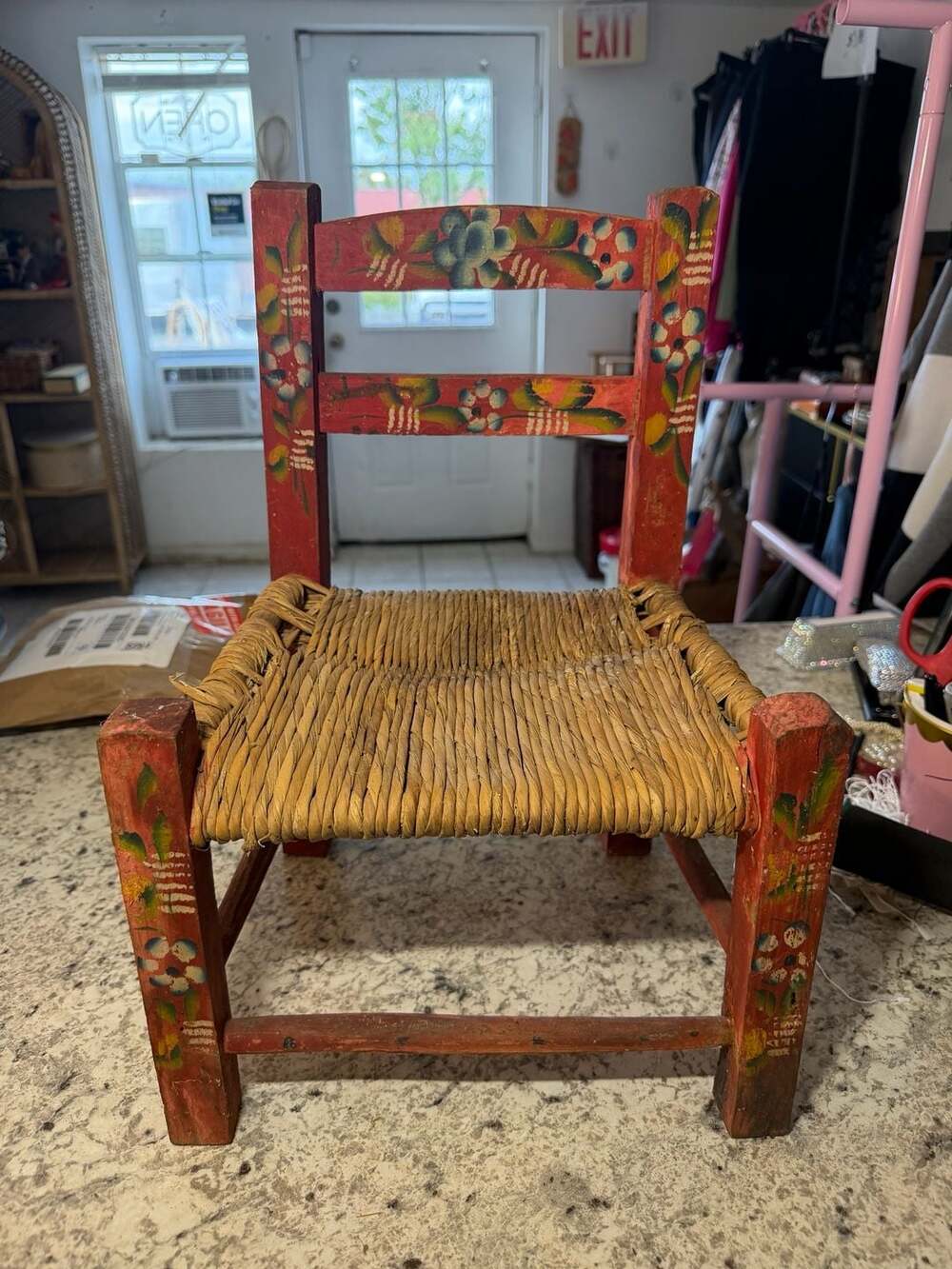 Vintage Mexican Folk Art Hand Painted Child's Chair with Rush Seat
